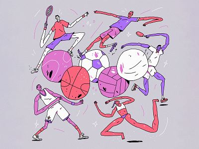 Kick, Pass, Serve, Smash adobe athlete balls character charcterdesign digitaladrawing digitalillustration dynamic grain graphicillustration illustration muti noise sport sportillustration