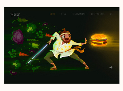 Samurai for veggie restaurant brand 2d burger fastfood food healthy illustration landing restaurant samurai sword vegetables veggi website