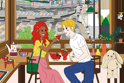 A cafe with a roof Illustration for postcard artwork cafe character couple date drawing graphic design illustration korea korean seoul summer