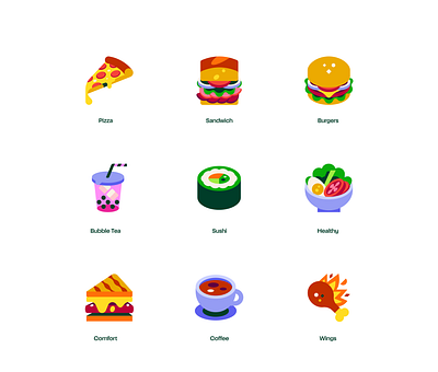 Instacart Restaurants bubble tea burgers coffee flat food icon illustration pizza restaurants sushi wings