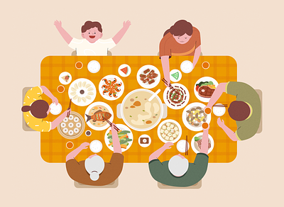 Dinner children dinner dumpling eat family fish food illustration lunch soup